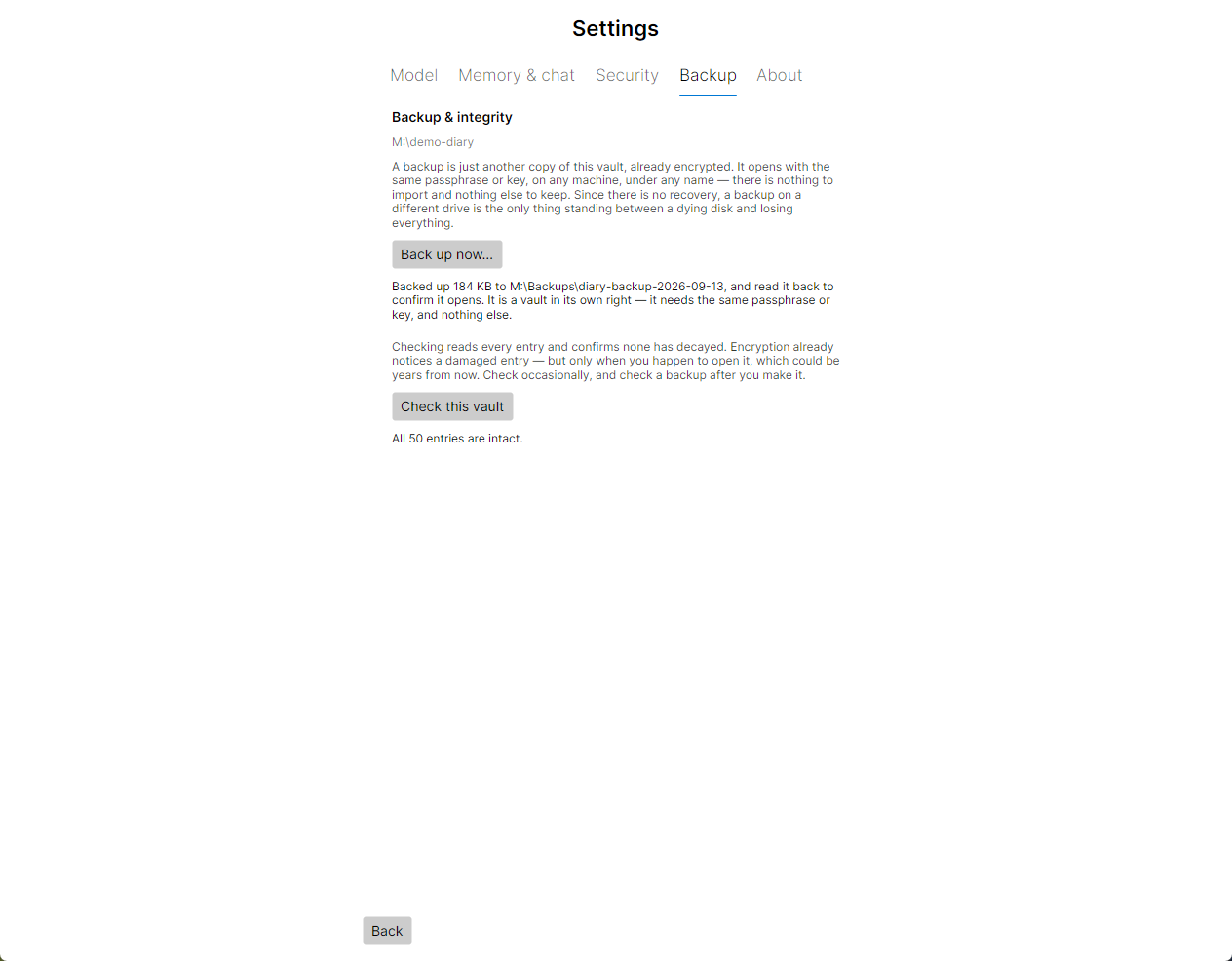 The Backup tab of Settings with the vault location, a Back up now button, a Check this vault button and a success message